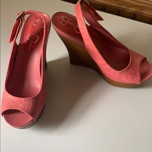 Pink open toe strap around heel wedges